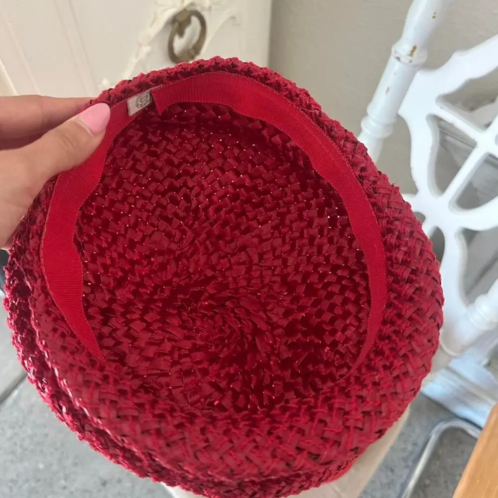 Vintage Women’s Red Woven Straw Hat Patent Bow Detail